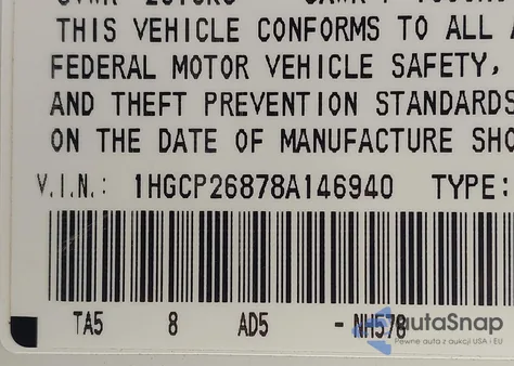 2008 Honda Accord 2.4 Ex-L z USA, uszkodzony, nr VIN 1HGCP26878A146940